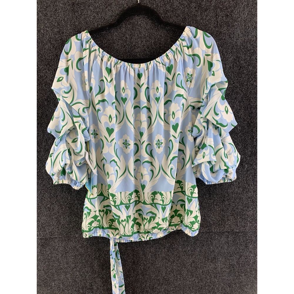 CeCe Ruffle Sleeve Blouse L Damask Blue Green Off Shoulder Smocked Waist Top New - Picture 10 of 10